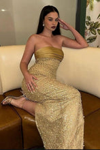 Load image into Gallery viewer, Charming Sheath Strapless Champagne Sequins Long Prom Dress with Ruched