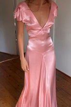 Load image into Gallery viewer, Charming A Line Deep V Neck Light Yellow Long Prom Dress with Open Back