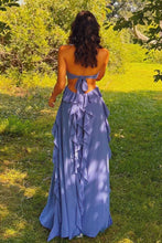 Load image into Gallery viewer, Charming A Line Halter Neck Pink Long Prom Dress with Ruffles