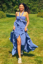 Load image into Gallery viewer, Charming A Line Halter Neck Pink Long Prom Dress with Ruffles