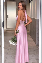 Load image into Gallery viewer, Hot Mermaid Halter Neck Light Blue Long Party Dress with Lace