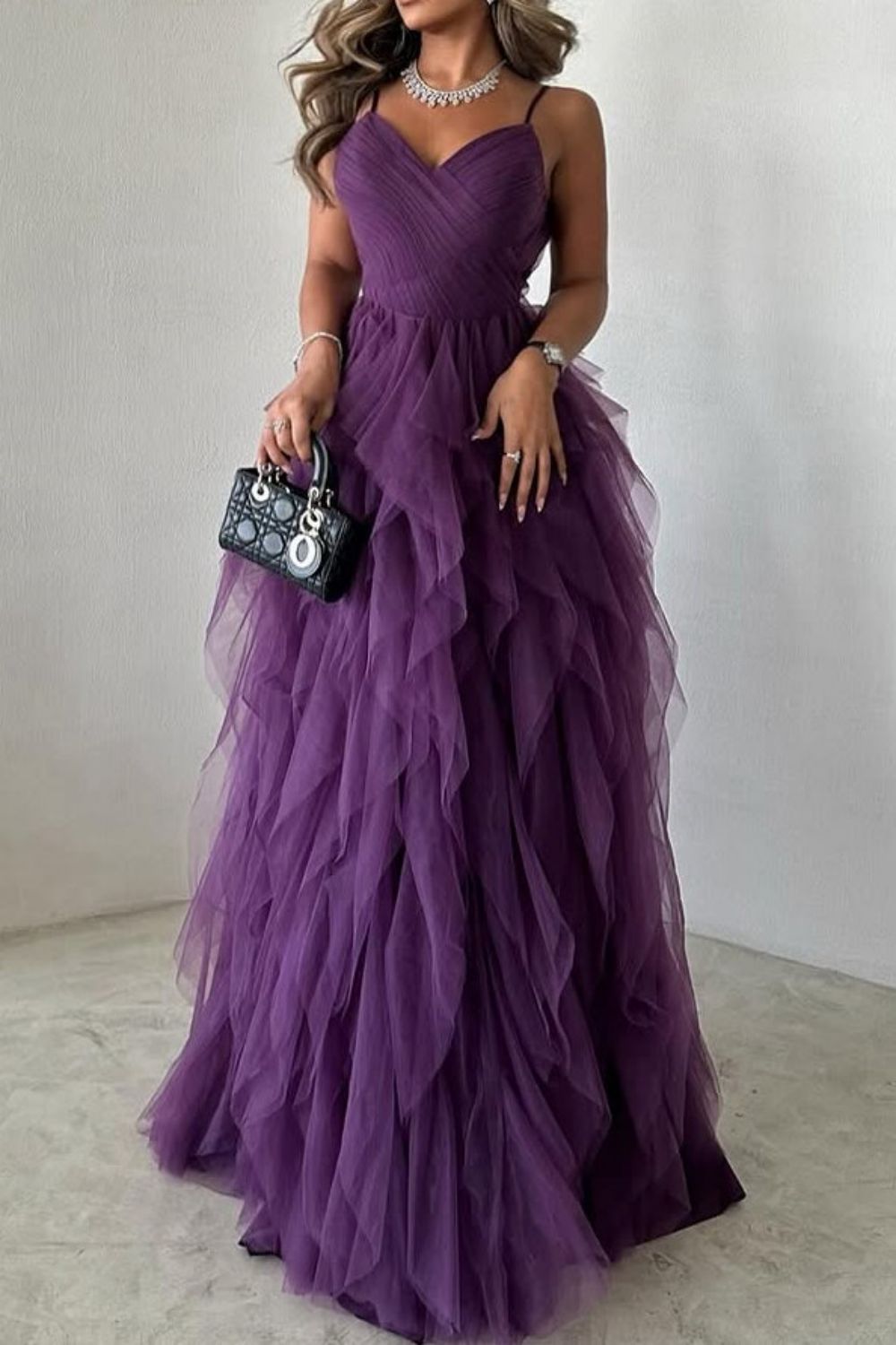 Chic A-Line Purple Spaghetti Straps Backless Long Ruffle Tulle Party Dress