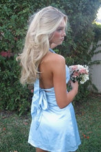 Load image into Gallery viewer, Cute A Line Halter Neck Light Blue Short Homecoming Dress with Open Back