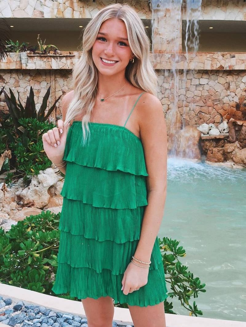 Green V-Neckline Straps Short Party Dress, Green Knee Length Homecoming Dress main image 0