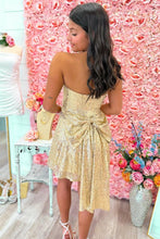 Load image into Gallery viewer, Chic A Line Strapless Gold Sequins Short Homecoming Dress with Bowknot