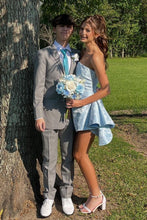 Load image into Gallery viewer, Sweet A Line Strapless Light Blue Printed Short Homecoming Dress with Ruched