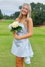 Load image into Gallery viewer, Sweet A Line Strapless Light Blue Printed Short Homecoming Dress with Ruched