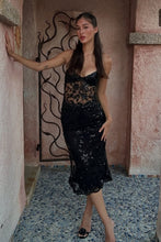 Load image into Gallery viewer, Chic Black Sheer Lace Midi Homecoming Dress with Floral Appliqué and Spaghetti Straps
