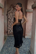 Load image into Gallery viewer, Chic Black Sheer Lace Midi Homecoming Dress with Floral Appliqué and Spaghetti Straps
