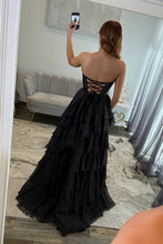 Load image into Gallery viewer, Elegant A Line Sweetheart Black Corset Prom Dress with Ruffles