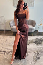 Load image into Gallery viewer, Chic Mermaid Strapless Long Brown Metallic Prom Dress with Leg Slit