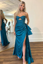 Load image into Gallery viewer, Chic Dark Blue Mermaid Spaghetti Straps Long Prom Dress with High Slit