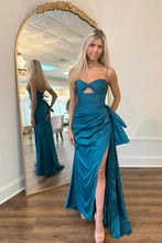 Load image into Gallery viewer, Chic Dark Blue Mermaid Spaghetti Straps Long Prom Dress with High Slit