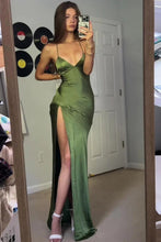 Load image into Gallery viewer, Simple Sheath Spaghetti Straps Green Long Party Dress with Split Front