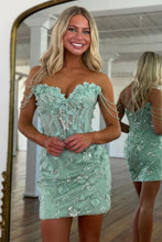 Load image into Gallery viewer, Gorgeous Sheath Off the Shoulder Mint Green Corset Homecoming Dress with Appliques