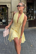 Load image into Gallery viewer, Chic Light Yellow Halter Homecoming Dress with Deep V-Neck and Flowy Skirt