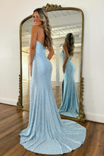 Load image into Gallery viewer, Chic Mermaid Halter Neck Blue Corset Prom Dress with Pearls Split Front