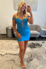 Load image into Gallery viewer, Stylish Bodycon Off the Shoulder Blue Corset Homecoming Dress with Appliques