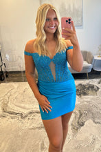 Load image into Gallery viewer, Stylish Bodycon Off the Shoulder Blue Corset Homecoming Dress with Appliques
