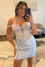 Load image into Gallery viewer, Stylish Bodycon Off the Shoulder Blue Corset Homecoming Dress with Appliques