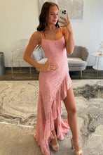 Load image into Gallery viewer, Chic Sheath Spaghetti Straps Pink Lace Prom Dress with Criss Cross Back