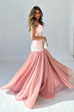 Load image into Gallery viewer, Chic Pink Mermaid Strapless Long Satin and Chiffon Prom Dress