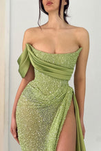 Load image into Gallery viewer, Chic Sage Green Mermaid Off The Shoulder Long Formal Dress with High Slit