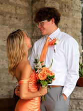 Load image into Gallery viewer, Chic Sheath Off the Shoulder Orange Satin Homecoming Dress with Ruched