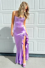 Load image into Gallery viewer, Chic Sheath Spaghetti Straps Purple Long Prom Dress with Ruffles
