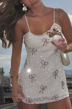 Load image into Gallery viewer, Chic White Sequin Bodycon Party Dress with Bow Details and Spaghetti Strap Design