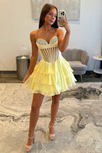 Load image into Gallery viewer, Cute A Line Sweetheart Yellow Corset Homecoming Dress with Beading Ruffles
