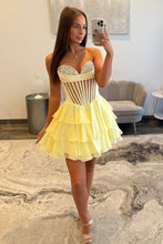 Load image into Gallery viewer, Cute A Line Sweetheart Yellow Corset Homecoming Dress with Beading Ruffles