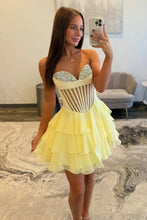 Load image into Gallery viewer, Cute A Line Sweetheart Yellow Corset Homecoming Dress with Beading Ruffles