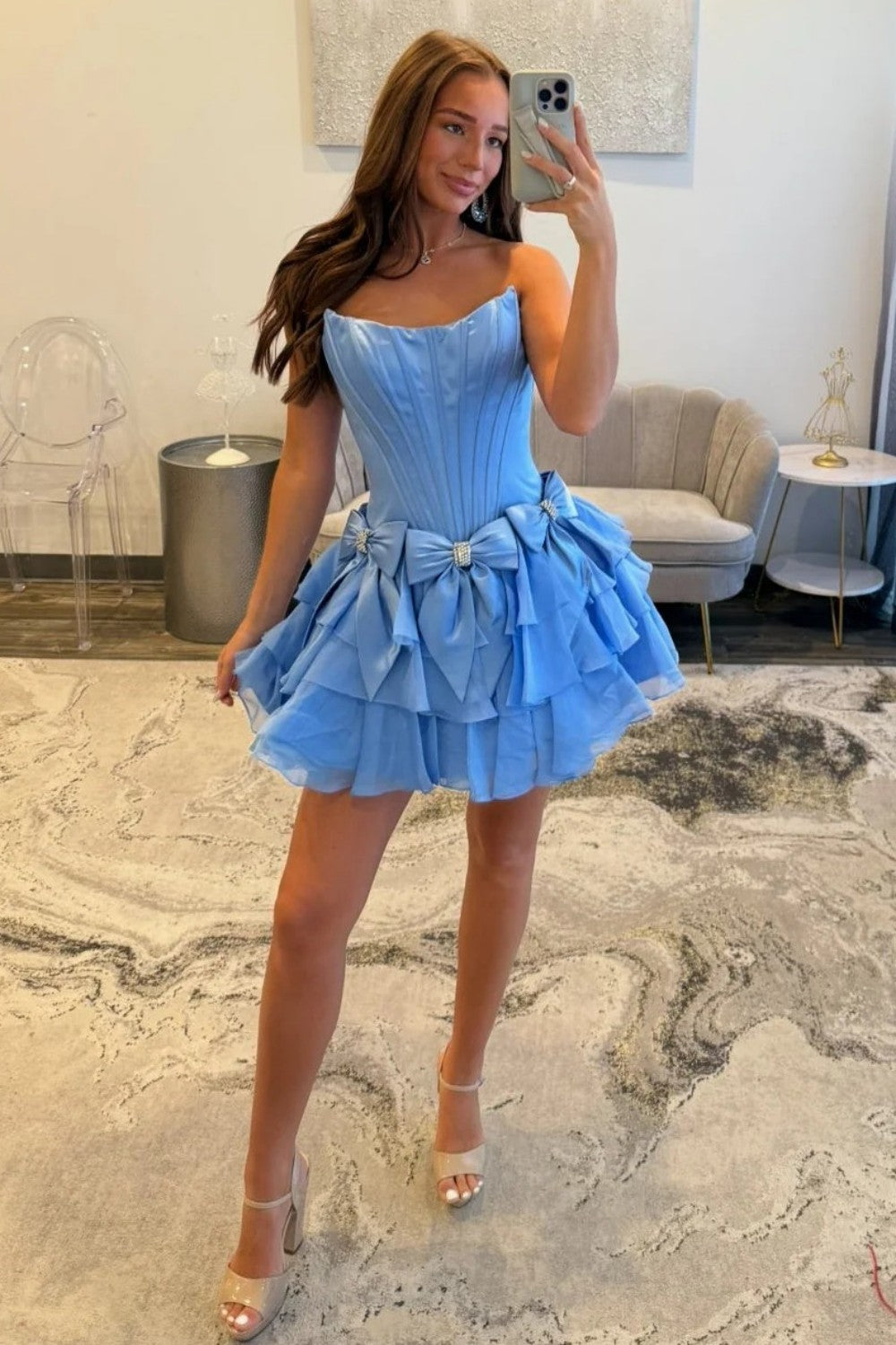 Princess A Line Strapless Blue Corset Homecoming Dress with Bowknot Beading