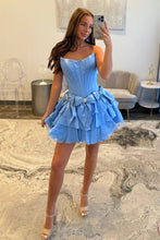 Load image into Gallery viewer, Princess A Line Strapless Blue Corset Homecoming Dress with Bowknot Beading