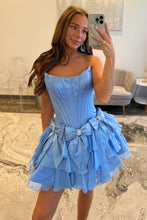 Load image into Gallery viewer, Princess A Line Strapless Blue Corset Homecoming Dress with Bowknot Beading