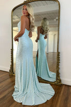 Load image into Gallery viewer, Luxury Mermaid Halter Neck Aqua Corset Prom Dress with Pearls and Slit