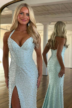 Load image into Gallery viewer, Luxury Mermaid Halter Neck Aqua Corset Prom Dress with Pearls and Slit
