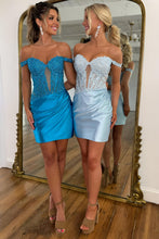 Load image into Gallery viewer, Stylish Bodycon Off the Shoulder Blue Corset Homecoming Dress with Appliques
