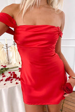 Load image into Gallery viewer, Chic Sheath Off the Shoulder Orange Satin Homecoming Dress with Ruched