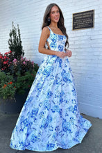 Load image into Gallery viewer, Gorgeous A Line Square Neck Blue Floral Printed Long Prom Dress with Backless