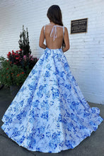 Load image into Gallery viewer, Gorgeous A Line Square Neck Blue Floral Printed Long Prom Dress with Backless