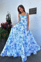 Load image into Gallery viewer, Gorgeous A Line Square Neck Blue Floral Printed Long Prom Dress with Backless
