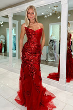 Load image into Gallery viewer, Classic Mermaid Sweetheart Red Long Prom Dress with Appliques