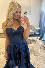 Load image into Gallery viewer, Classic A Line Sweetheart Navy Corset Prom Dress with Appliques Ruffles