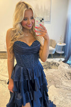 Load image into Gallery viewer, Trendy A Line Sweetheart Navy Corset Prom Dress with Appliques Ruffles