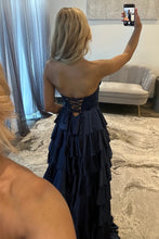 Load image into Gallery viewer, Trendy A Line Sweetheart Navy Corset Prom Dress with Appliques Ruffles