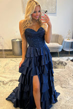 Load image into Gallery viewer, Classic A Line Sweetheart Navy Corset Prom Dress with Appliques Ruffles