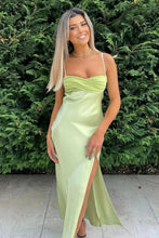 Load image into Gallery viewer, Classic Sheath Spaghetti Straps Mint Green Tea Length Party Dress with Slit