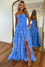 Load image into Gallery viewer, Cute A-Line Sweetheart Zipper Back Tiered Chiffon Prom Dress With Slit